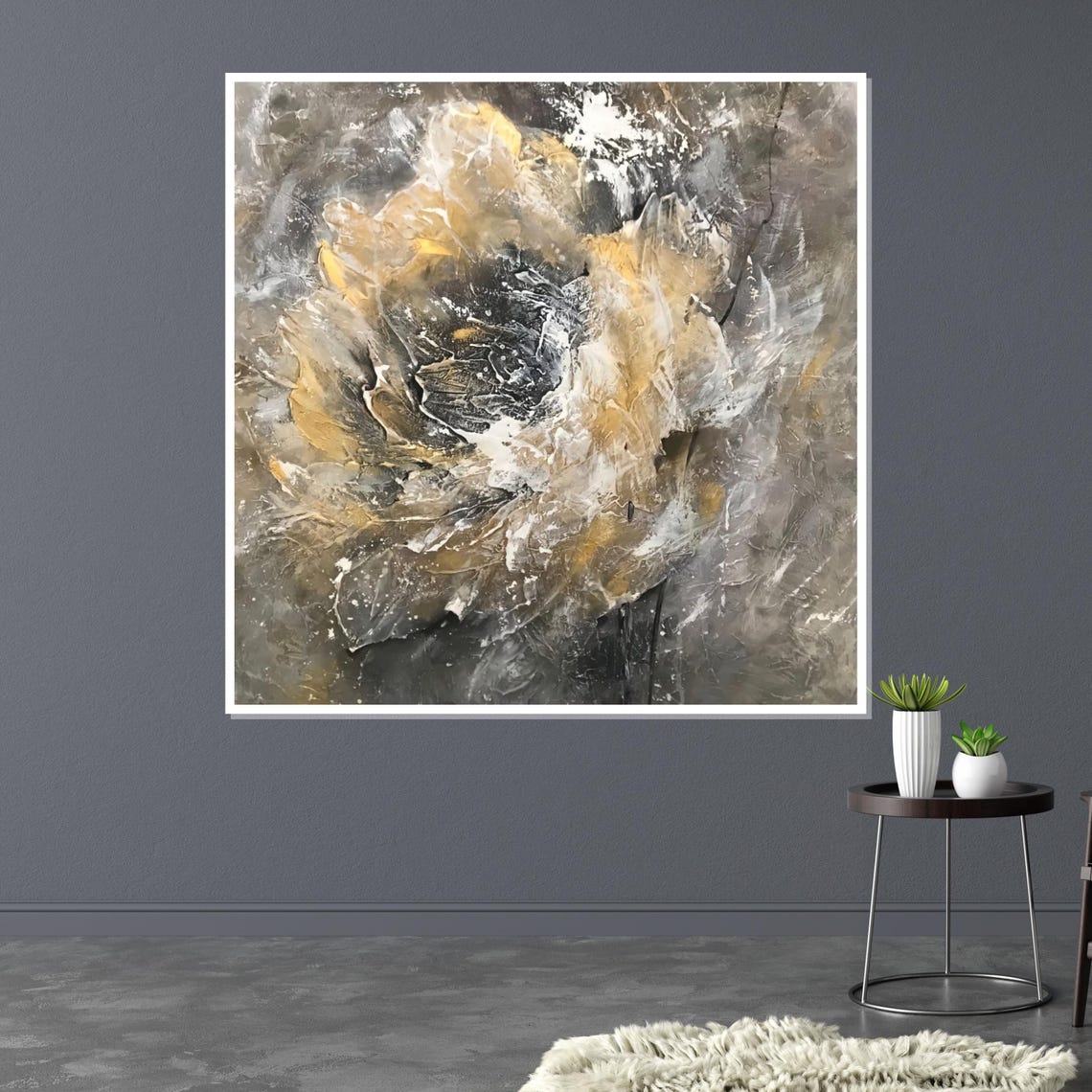 Gold and Gray Abstract Textured Swirl Modern Flower Art Poster - Image 3