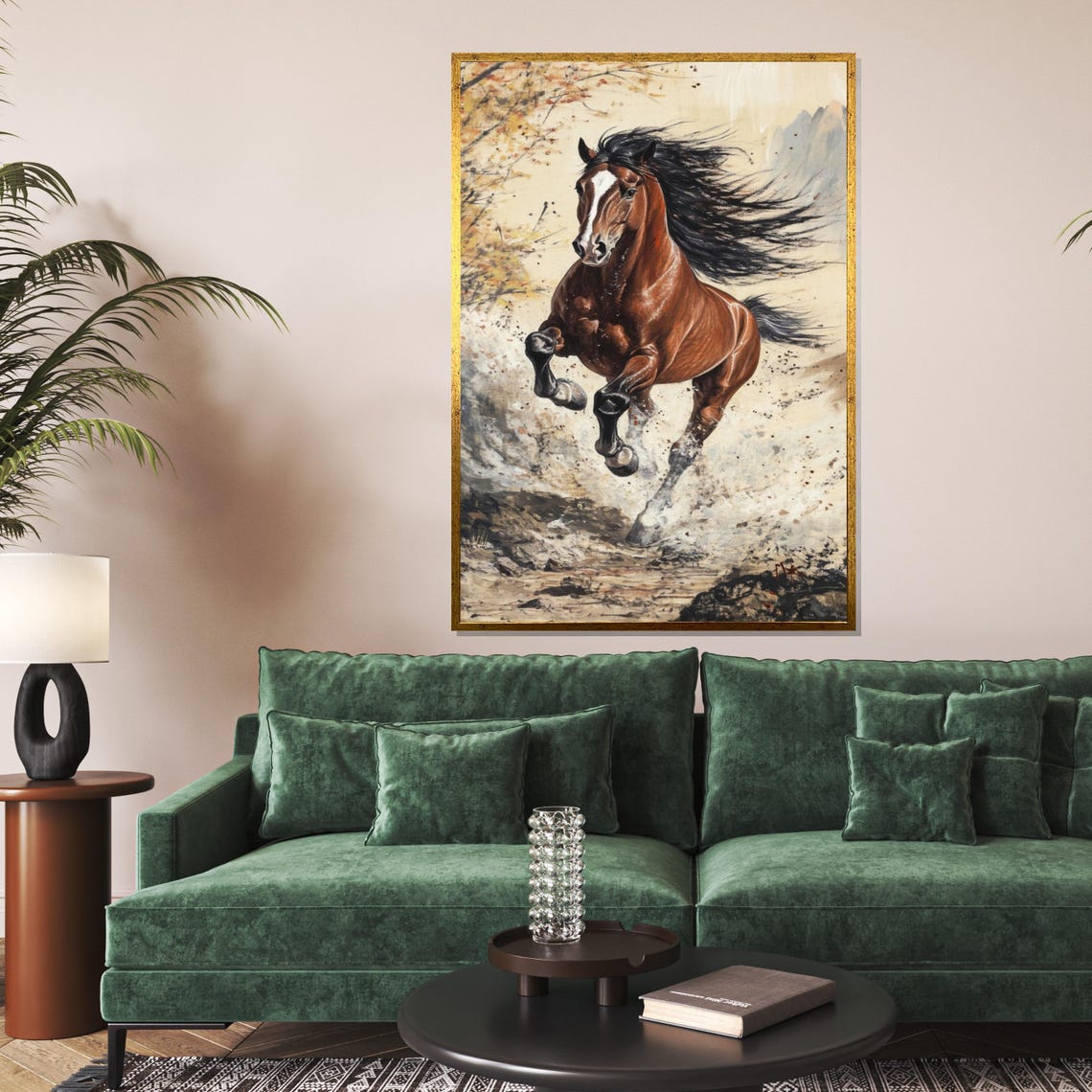 Brown Horse Galloping Autumn Trees Splash Dynamic Equine Art Poster