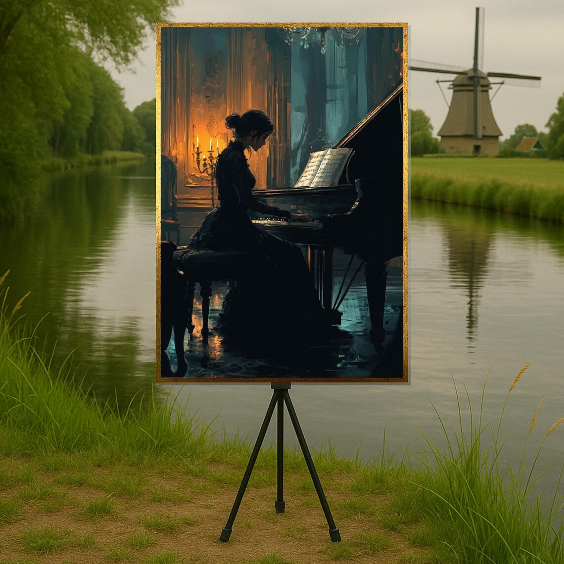 Elegant Pianist At Grand Piano Candlelit Music Room Wall Art