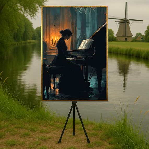 Elegant Pianist At Grand Piano Candlelit Music Room Wall Art