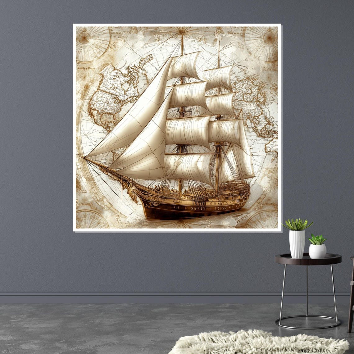 Vintage Sailing Ship Old World Map Sepia Nautical Historic Art Poster - Image 3