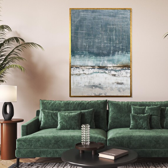 Dark Teal Ocean Horizon Misty Seascape Textured Moody Wall Art