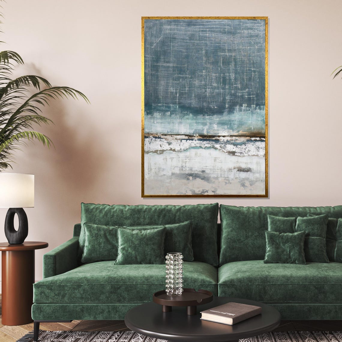 Dark Teal Ocean Horizon Misty Seascape Textured Moody Wall Art