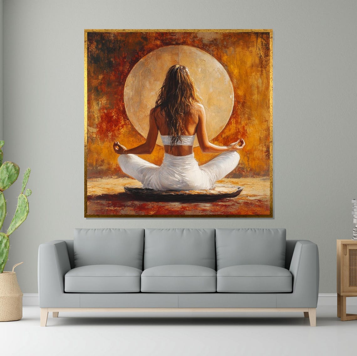 Woman Meditating Before Full Moon in Golden Light Art Poster