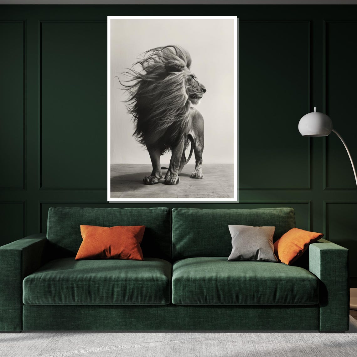 Monochrome Lion Standing Windswept Mane Black White Art Poster - Image 3
