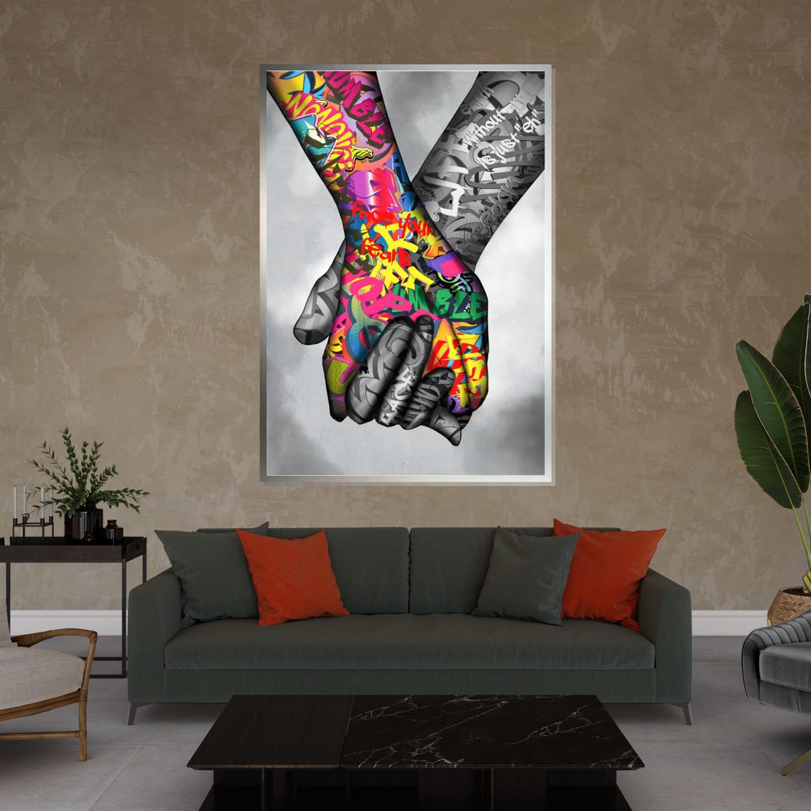 Two Hands Holding Together Colorful Graffiti Unity Art Poster - Image 4