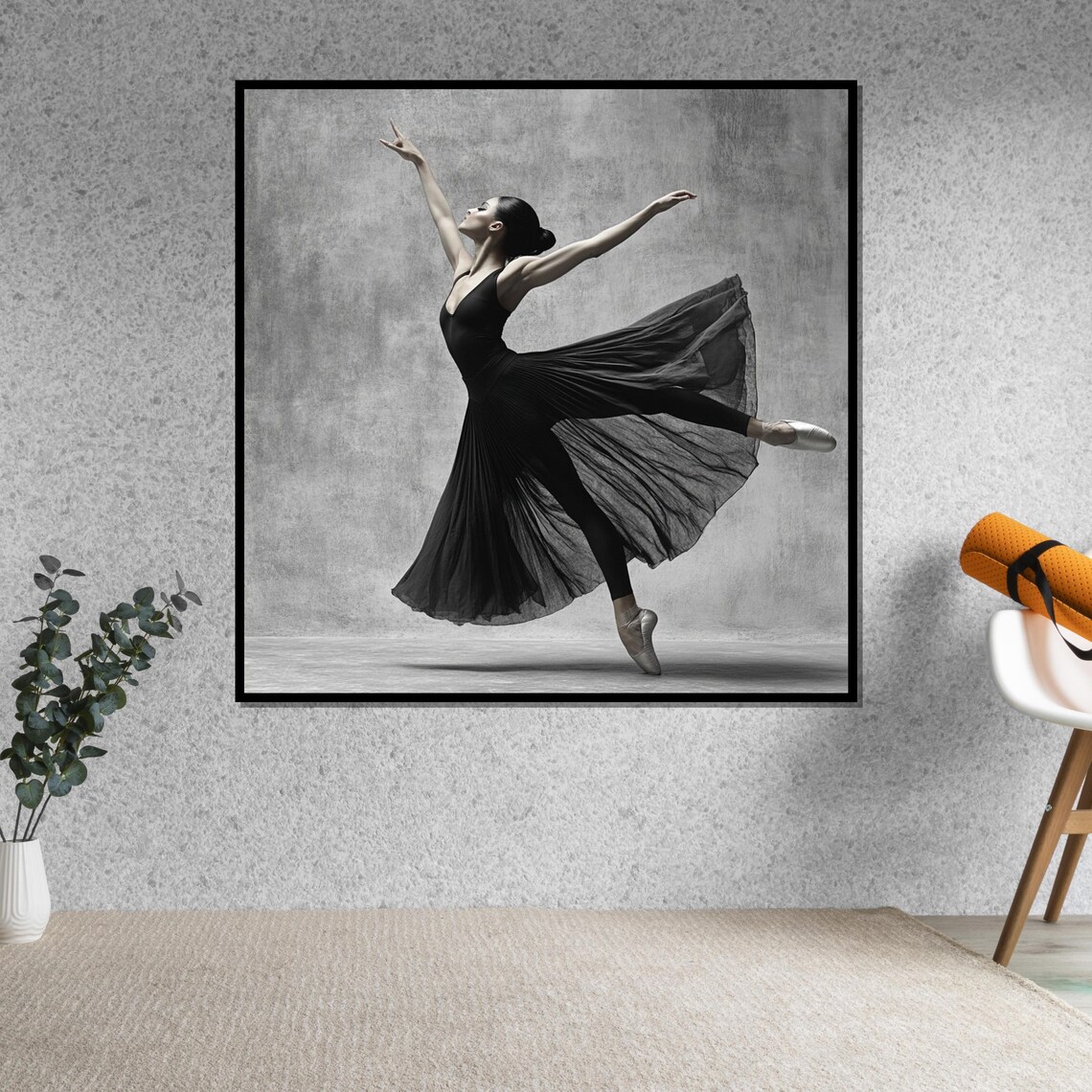 Ballerina in Black Dress Mid-Leap Elegant Monochrome Photo Poster - Image 5