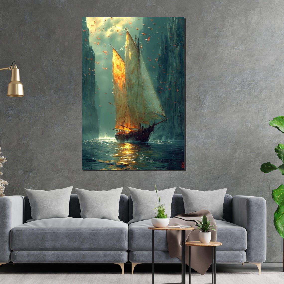 Golden Tall Ship Sailing Between Cliffs Fantasy Seascape Poster - Image 2