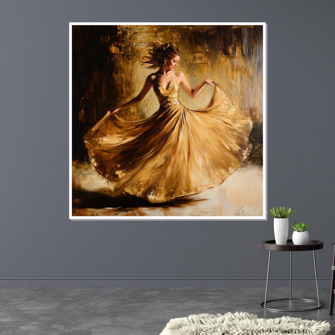 Golden Dancer Elegant Woman Twirling in a Shimmering Gold Gown Poster - Image 3