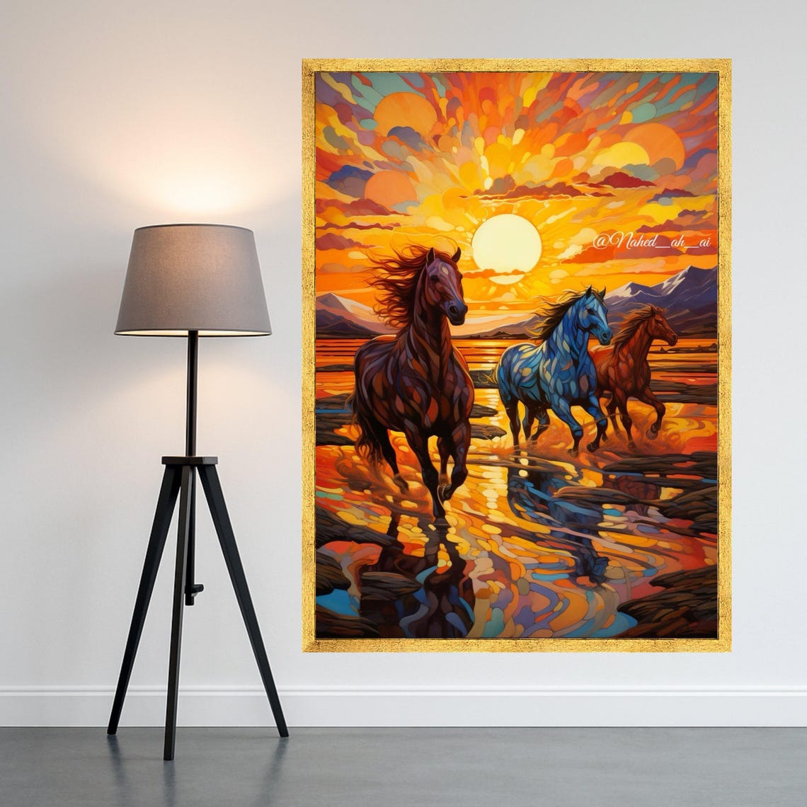 Colorful Wild Horses Galloping Through Water At Sunset Poster