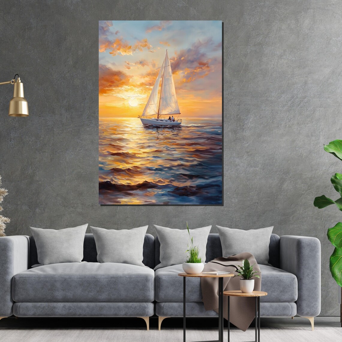 Golden Sunset Sailboat Ocean Oil Painting Seascape Art Poster - Image 2