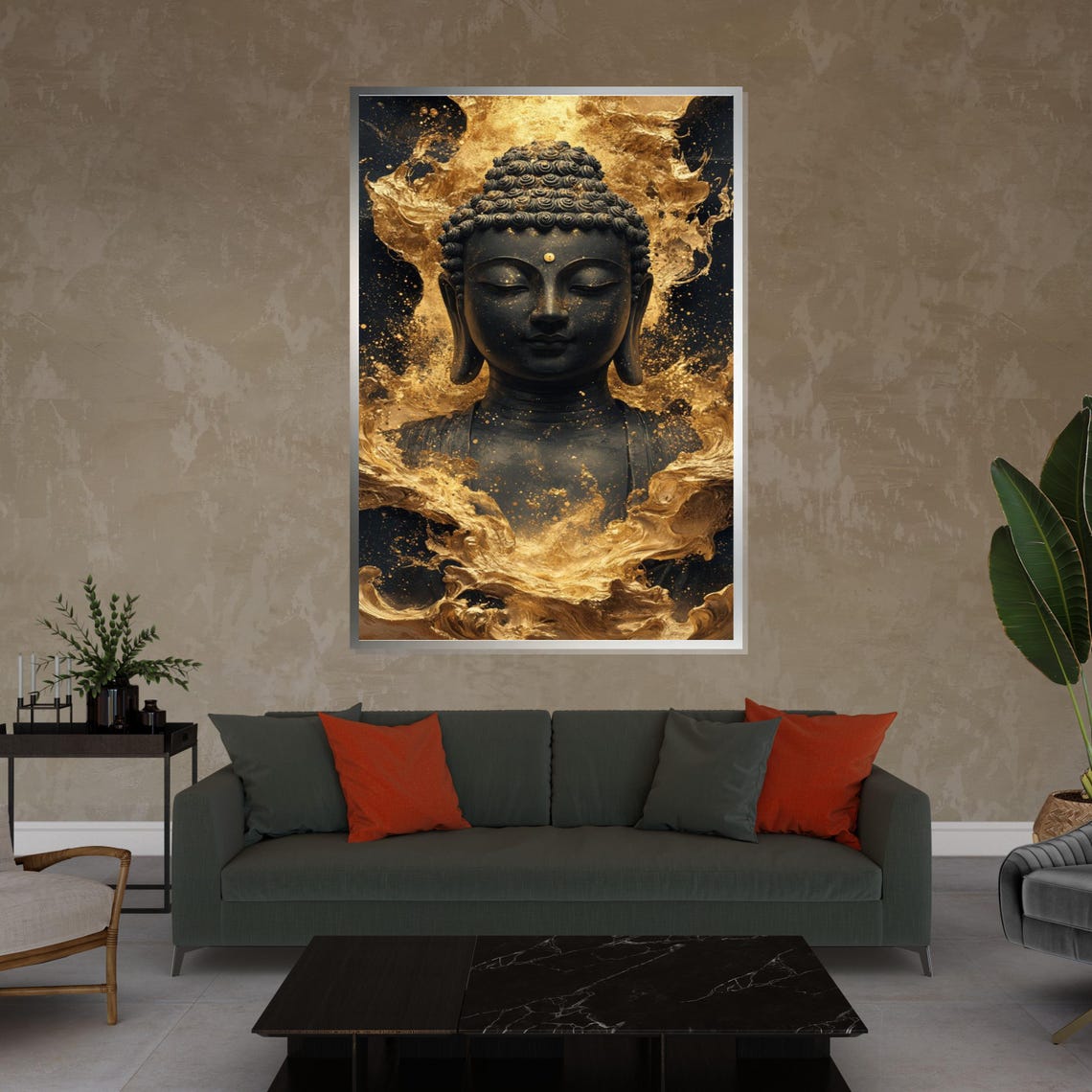 Black Buddha Portrait with Swirling Gold Leaf Modern Art Poster - Image 4