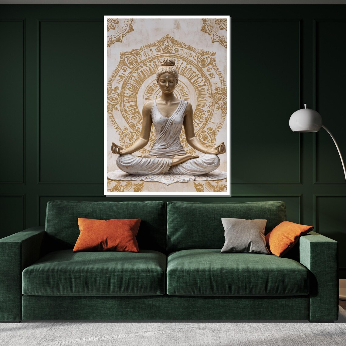 Serene Golden Meditating Woman Mandala Halo Spiritual Yoga Art Poster - Image 3