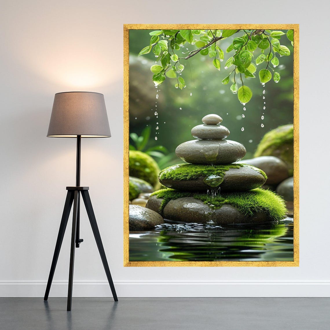 Zen Stone Stack With Moss And Water Droplets Tranquil Nature Canvas Green Leaves Wall Art Peaceful Spa Decor Relaxing Ready To Hang