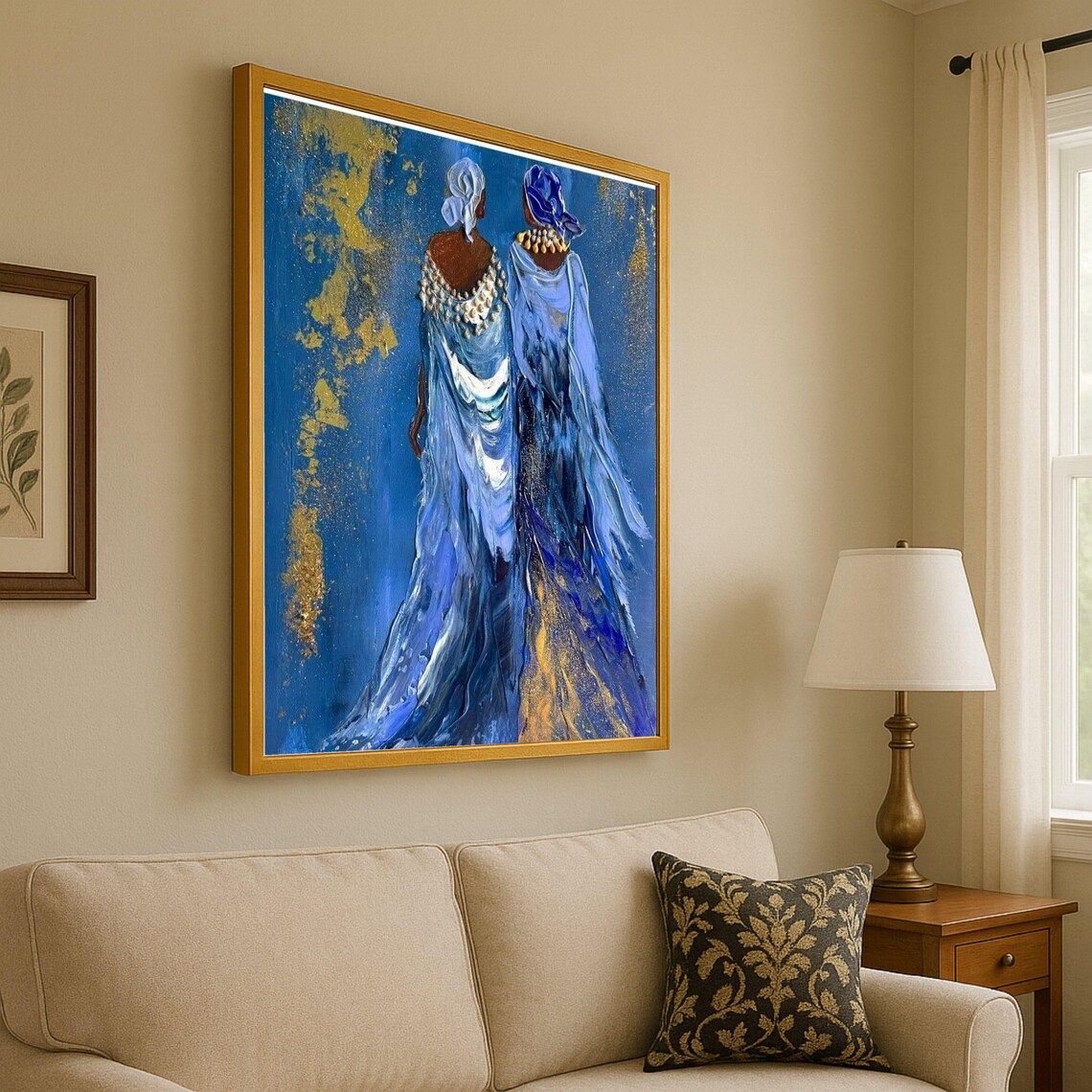 Elegant African Women in Blue and Gold Afrocentric Art Poster