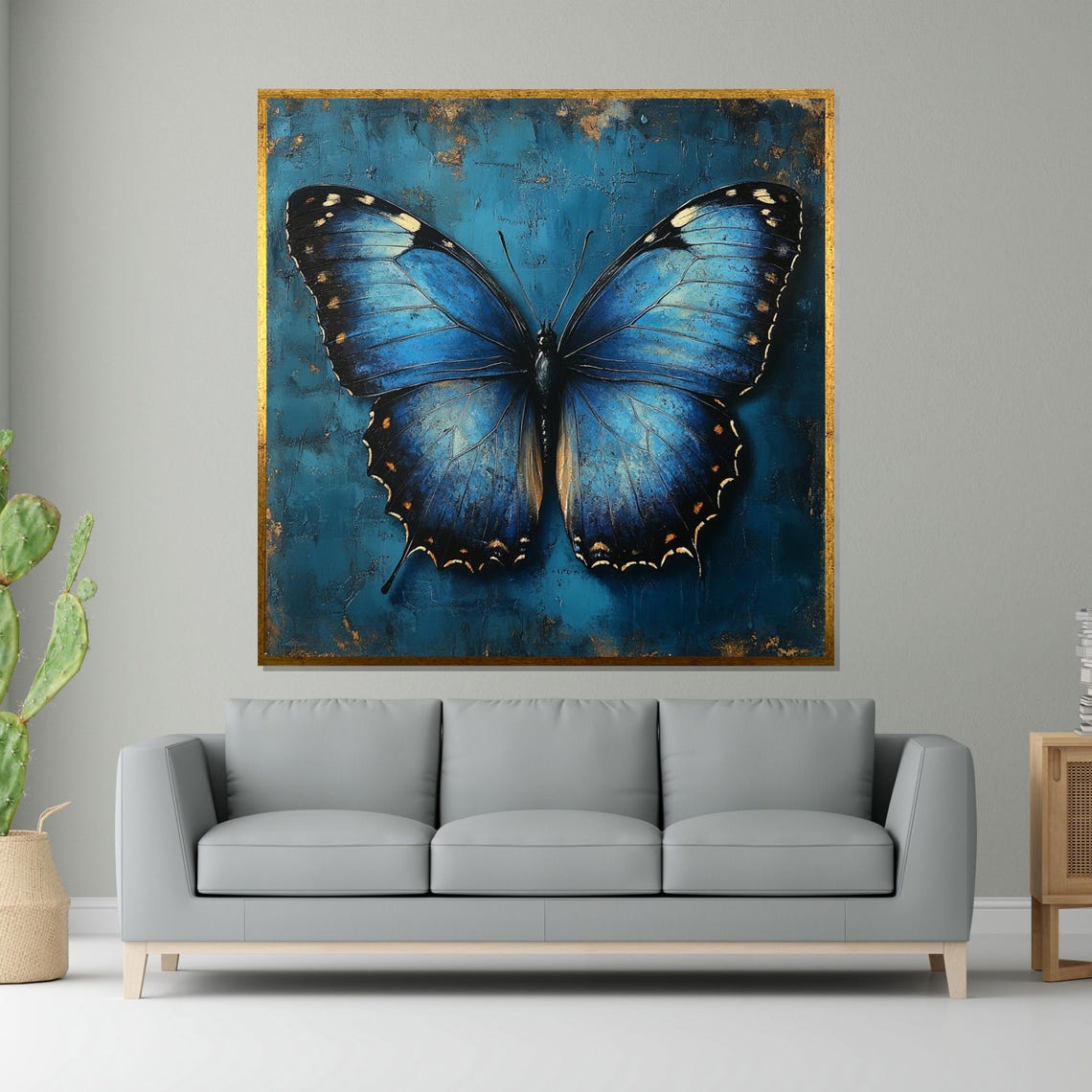 Blue Morpho Butterfly Teal Textured Background Nature Art Poster