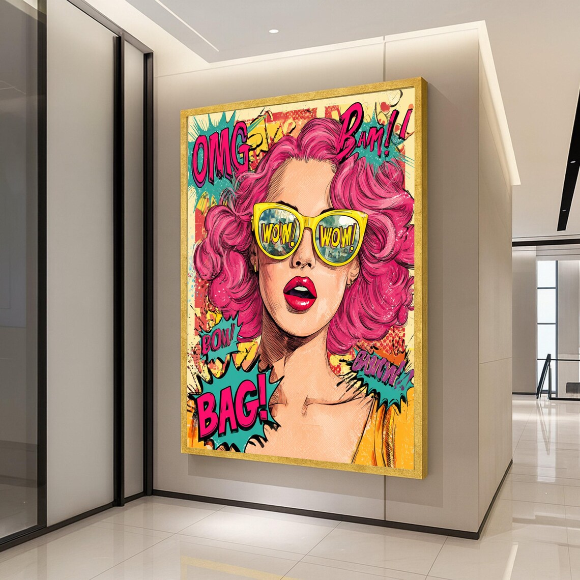 Pop Art Comic Girl Pink Hair WOW Sunglasses Retro Art Poster
