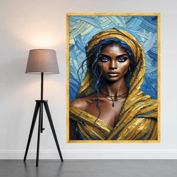 Stunning Blueeyed Woman Portrait Canvas Modern Art Vibrant Yellow And Blue Abstract Background Contemporary Wall Ready To Hang