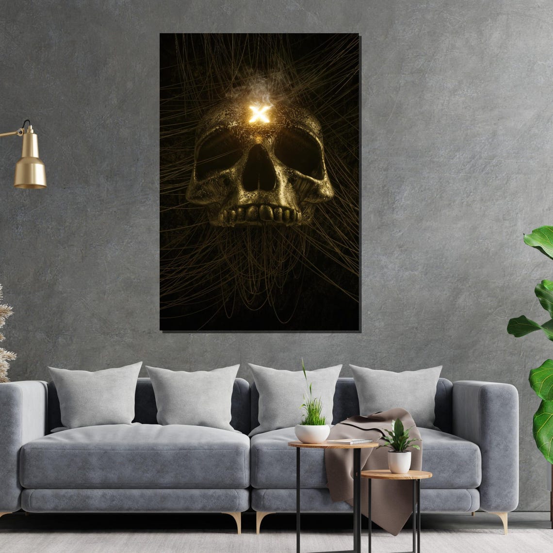 Golden Skull With Glowing Forehead Mark Dark Mystical Art Poster - Image 2