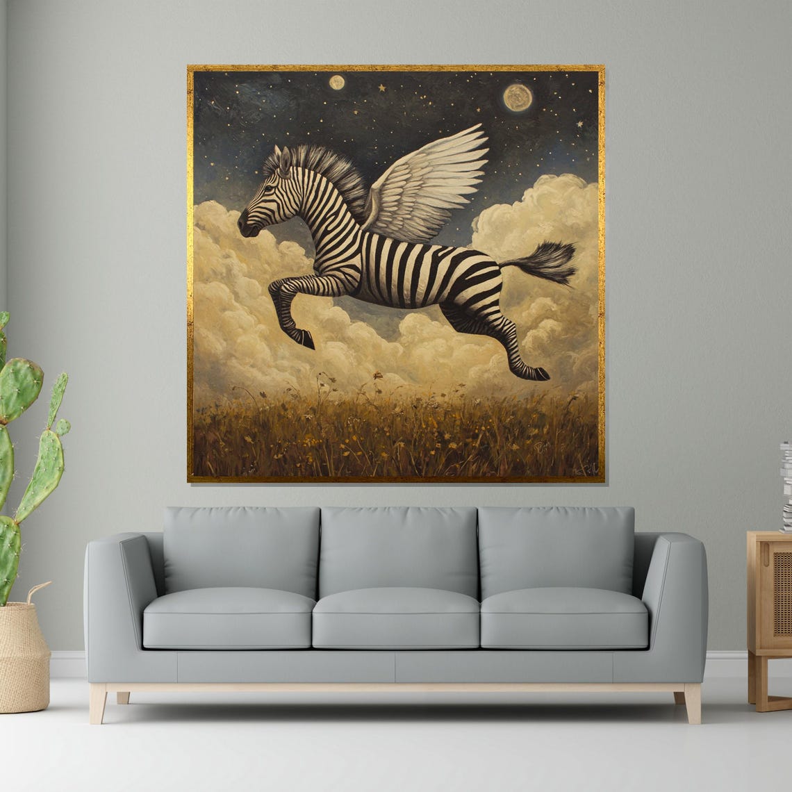 Winged Zebra Flying Night Clouds Fantasy Pegasus Style Art Poster