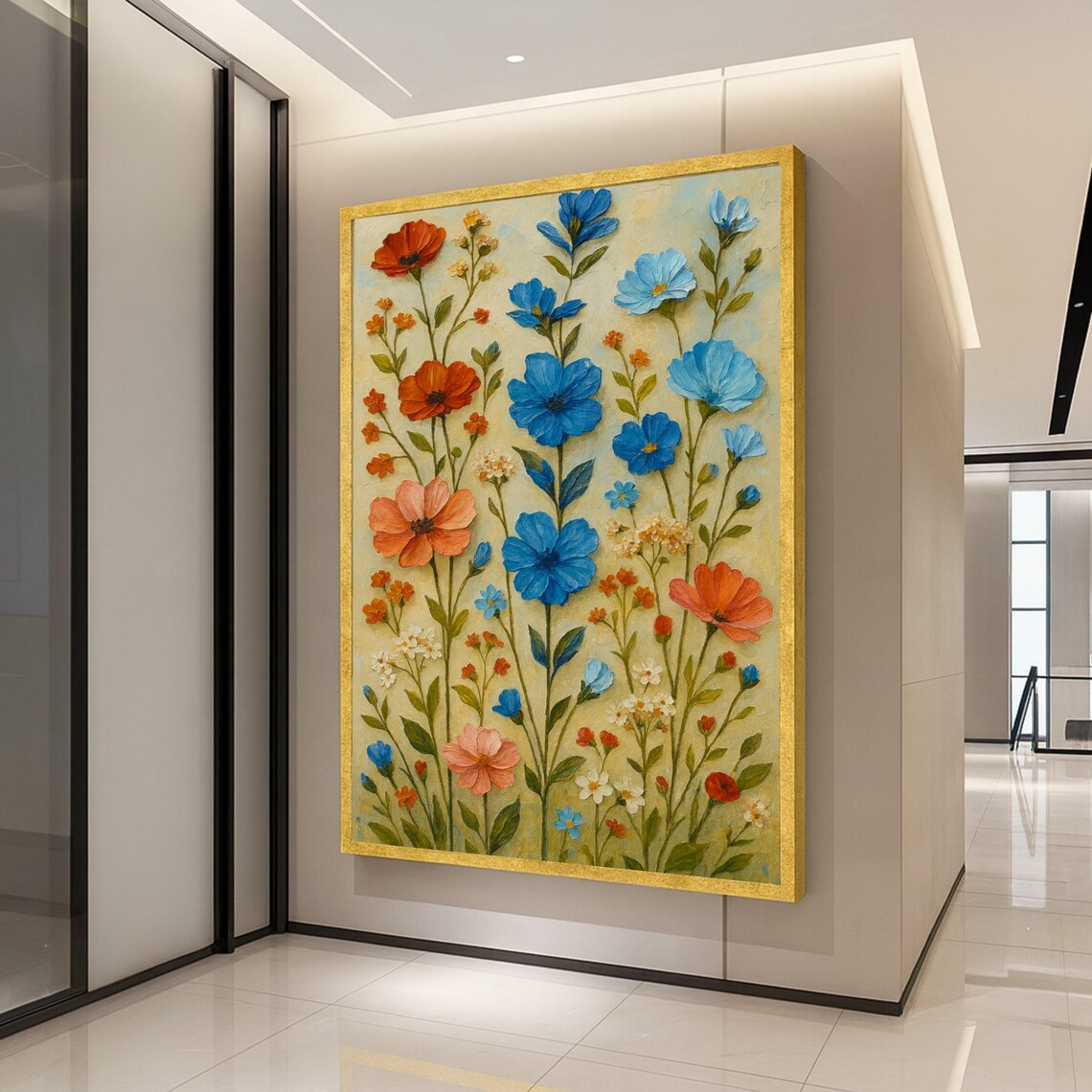 Red Poppies Blue Wildflowers Colorful Floral Oil Painting Wall Art