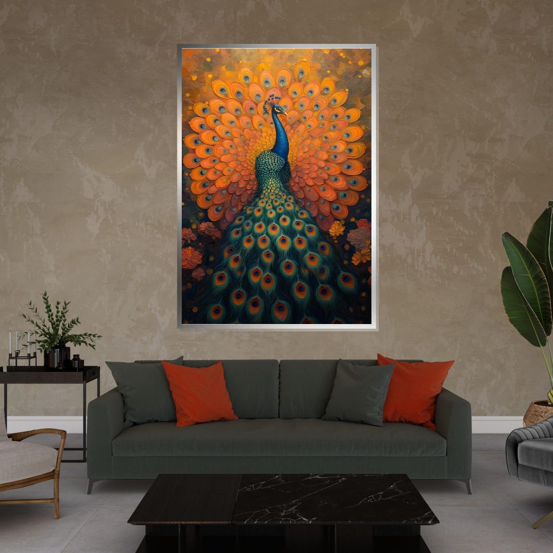 Fiery Orange Peacock Full Plume Display Vibrant Bird Decor Poster - Image 4