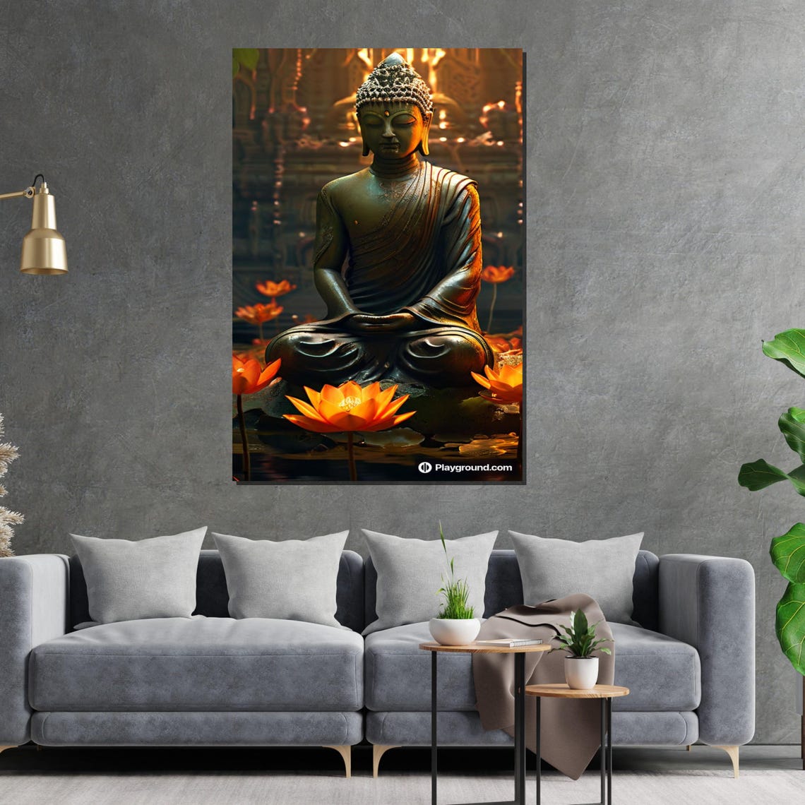 Bronze Buddha Statue Glowing Lotus Temple Night Garden Poster - Image 2