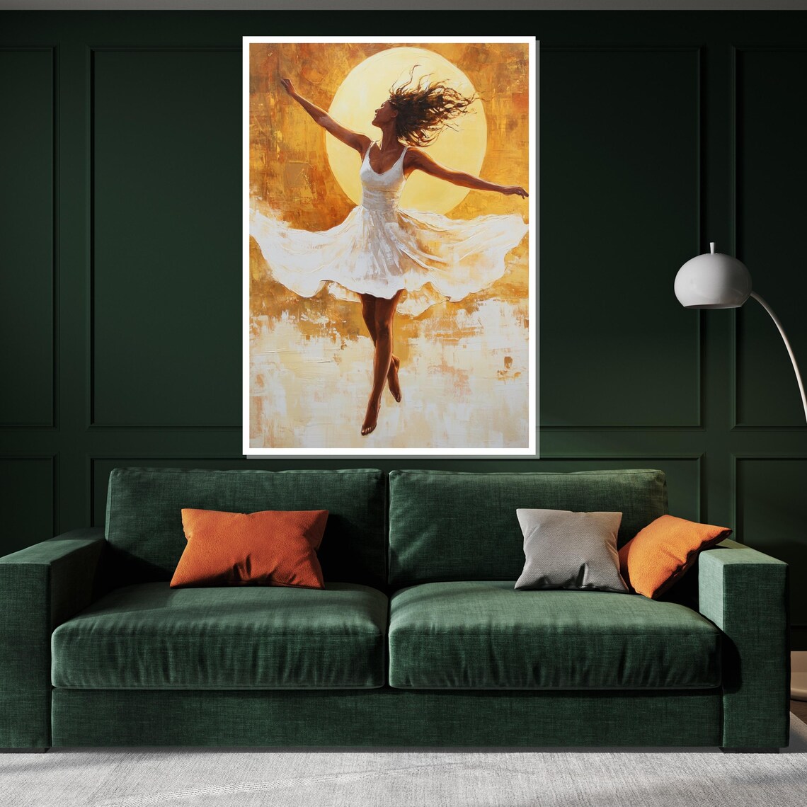 Woman White Dress Dancing Before Radiant Golden Sun Art Poster - Image 3