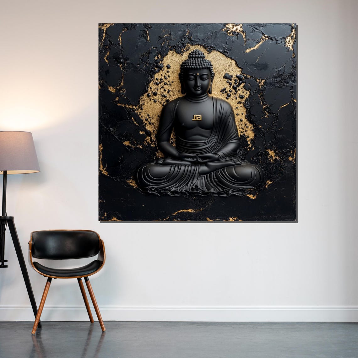 Black Buddha Statue Gold Leaf Textured Meditation Art Poster - Image 2
