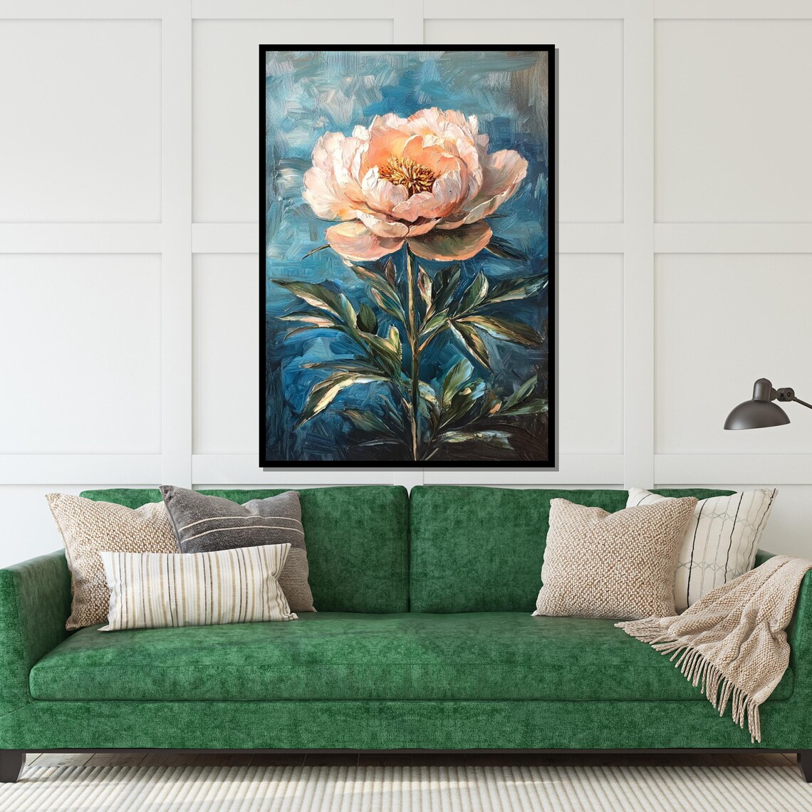 Blush Pink Peony Bloom On Teal Textured Oil Painting Floral Poster - Image 4