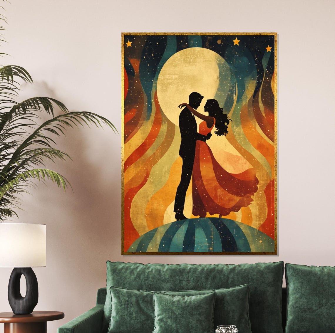 Lovers Silhouette Under Full Moon Retro Boho Romance Art Poster