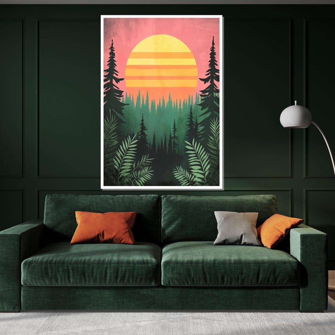 Vintage Retro Forest Sunset Striped Sun Pine Silhouette Poster - Image 3