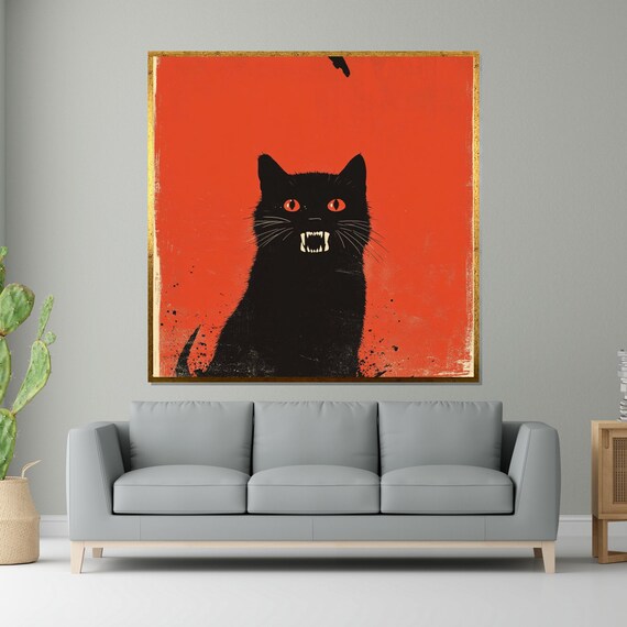 Black Cat Hissing Red Eyes Vintage Halloween Feline Art Poster