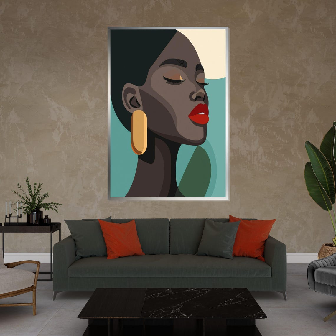 Modern Woman Portrait With Red Lips And Gold Earring Teal Style Poster - Image 4