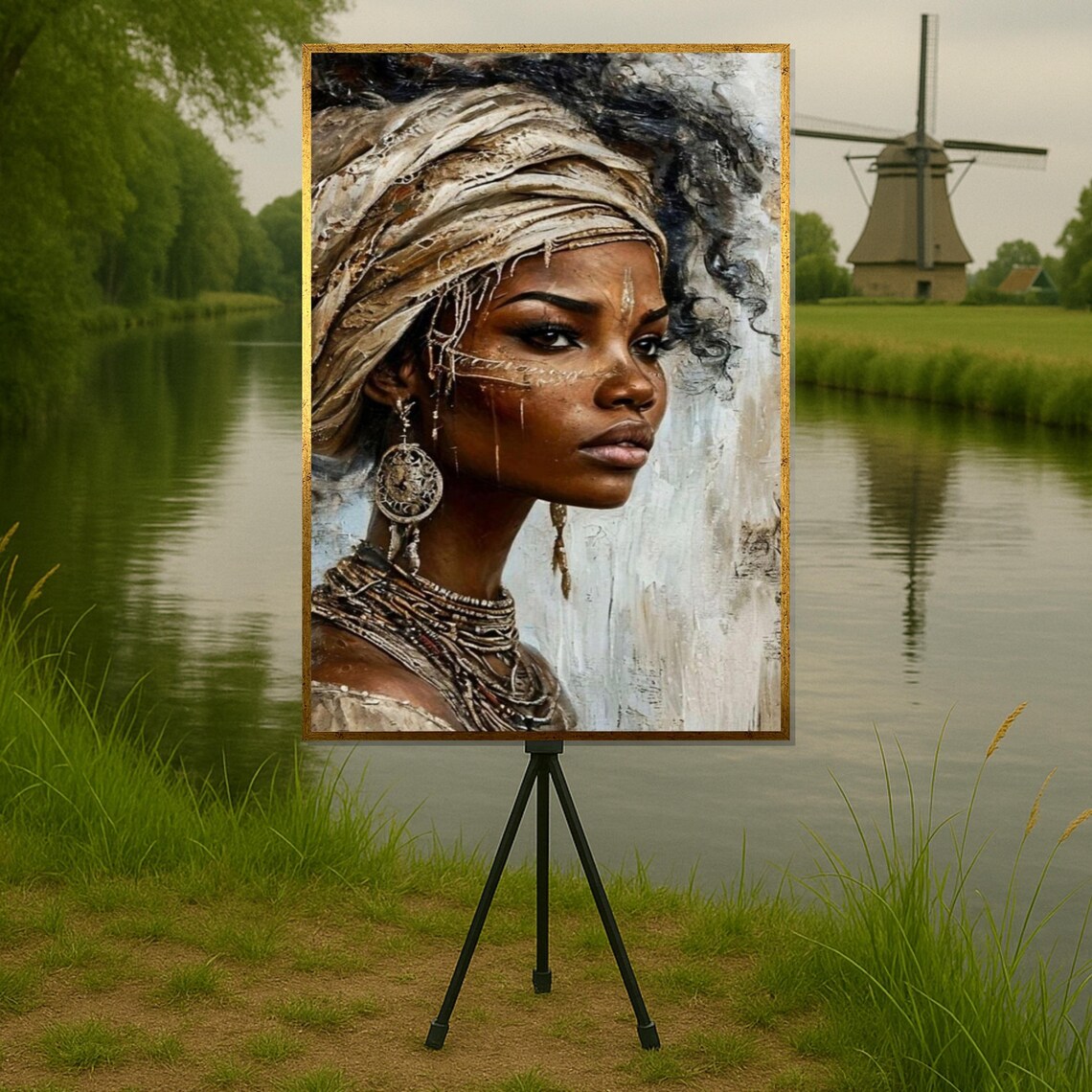 African Woman Headwrap Textured Portrait Painting Cultural Art Print