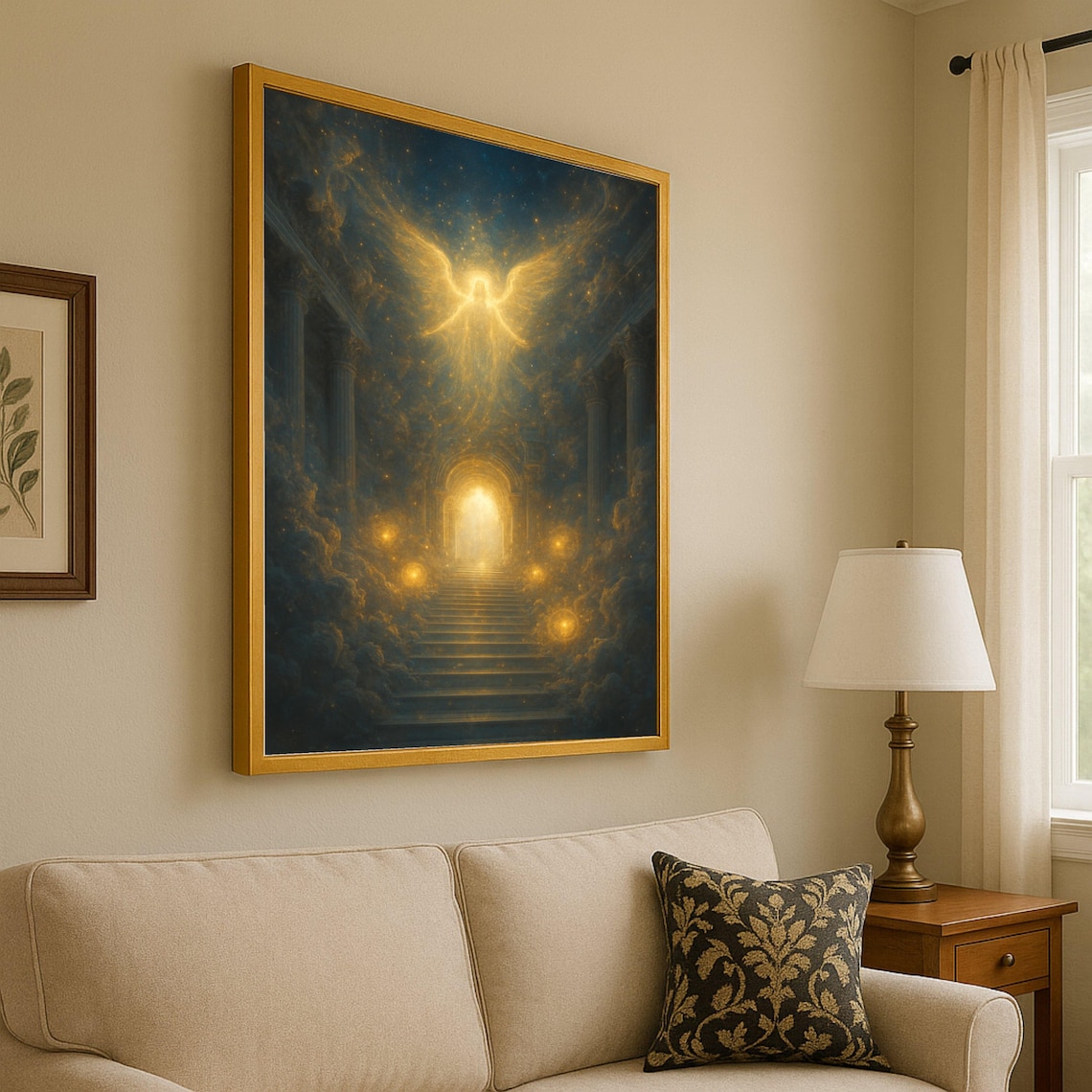 Golden Angel Descending Celestial Stairway Spiritual Light Art Poster