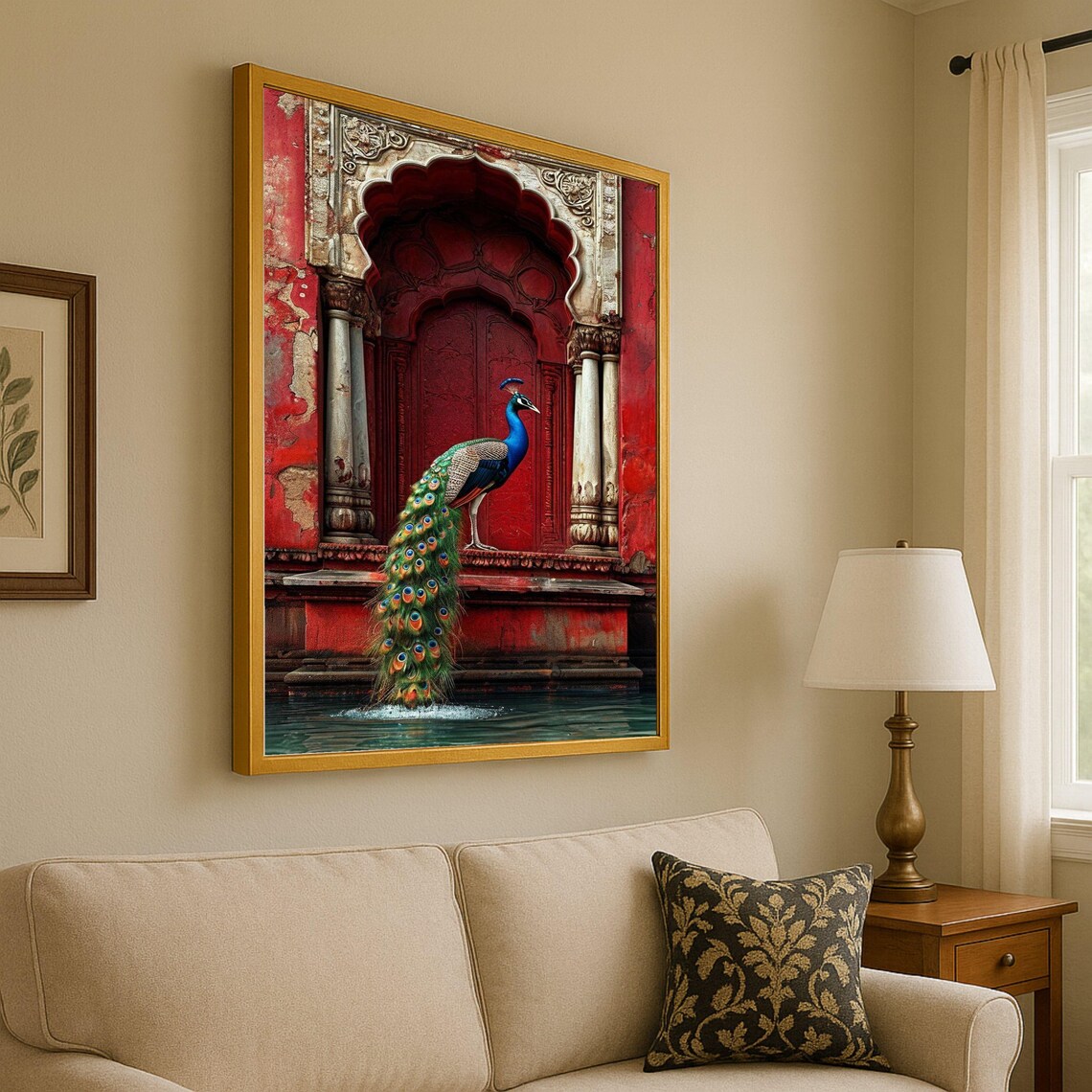Majestic Peacock At Red Archway Vintage Canvas Style Exotic Bird Poster