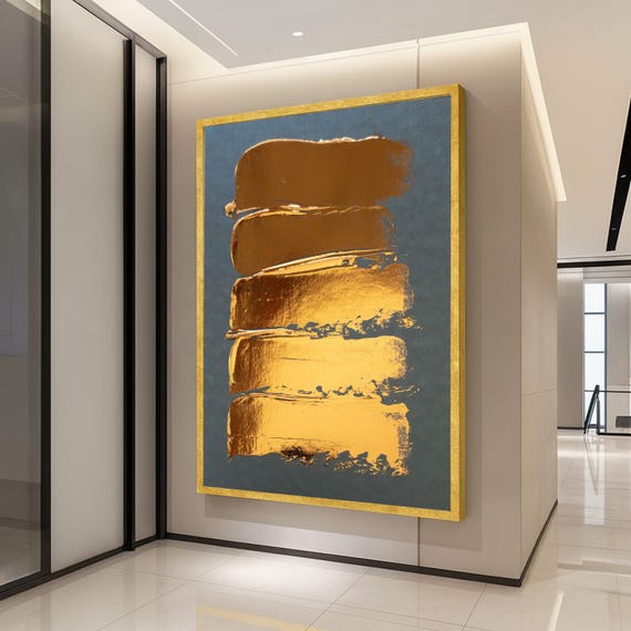 Modern Gold Brush Strokes Canvas Abstract Metallic Wall Art Design Contemporary Decoration Minimalist Home Ready To Hang