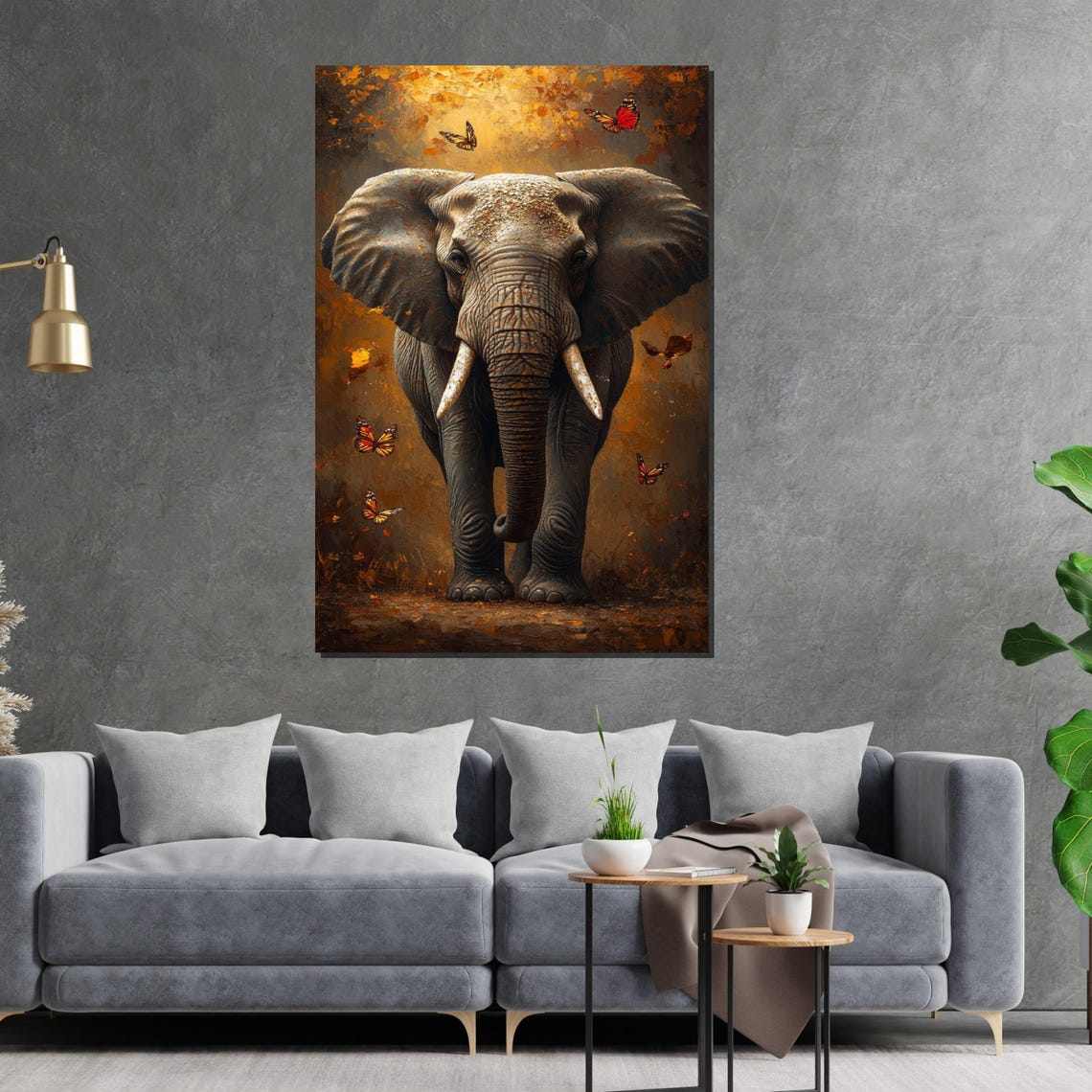 Majestic Elephant with Butterflies Golden Wildlife Art Decor Poster - Image 2