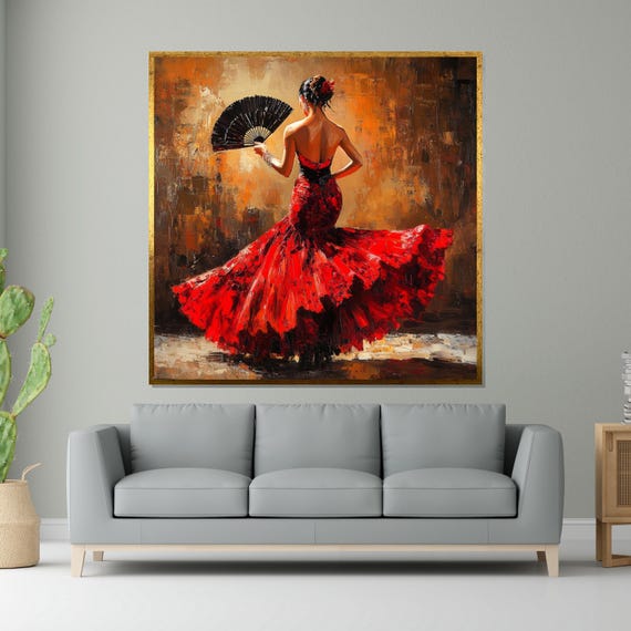 Flamenco Dancer Spanish Dance Wall Art Red Dress Art Elegant Dancer Poster Wall Art Design Ready To Hang