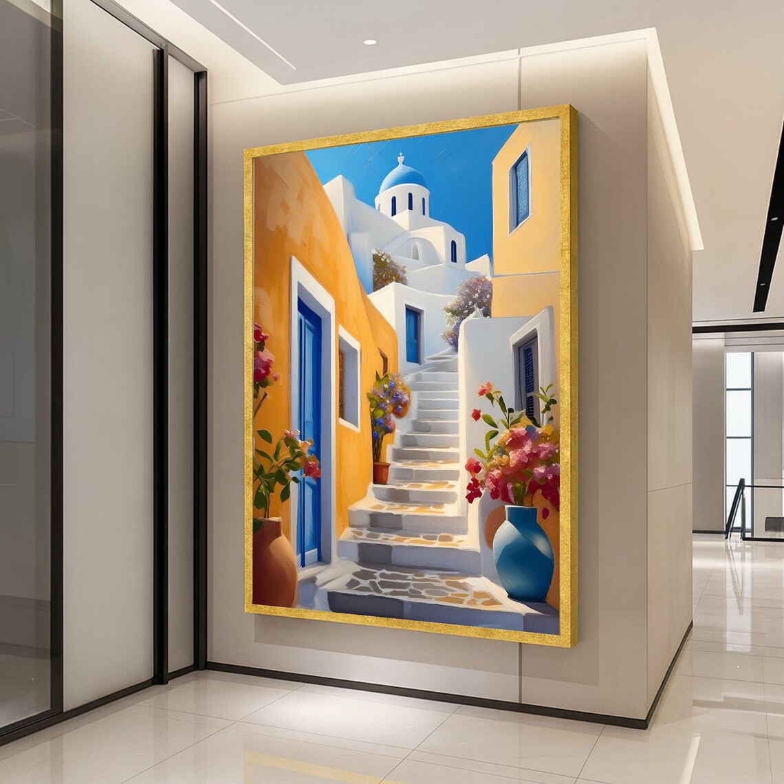 Greek Island Blue Door Street Stairs Summer Santorini Style Wall Art