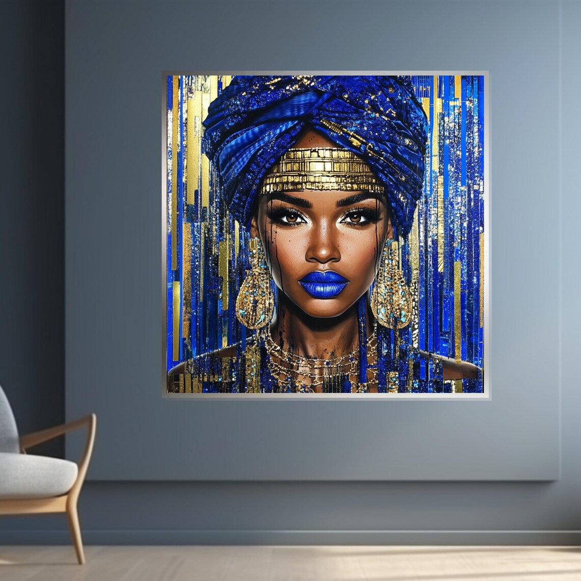 Blue And Gold African Queen Portrait Regal Headwrap Elegant Wall Art - Image 4