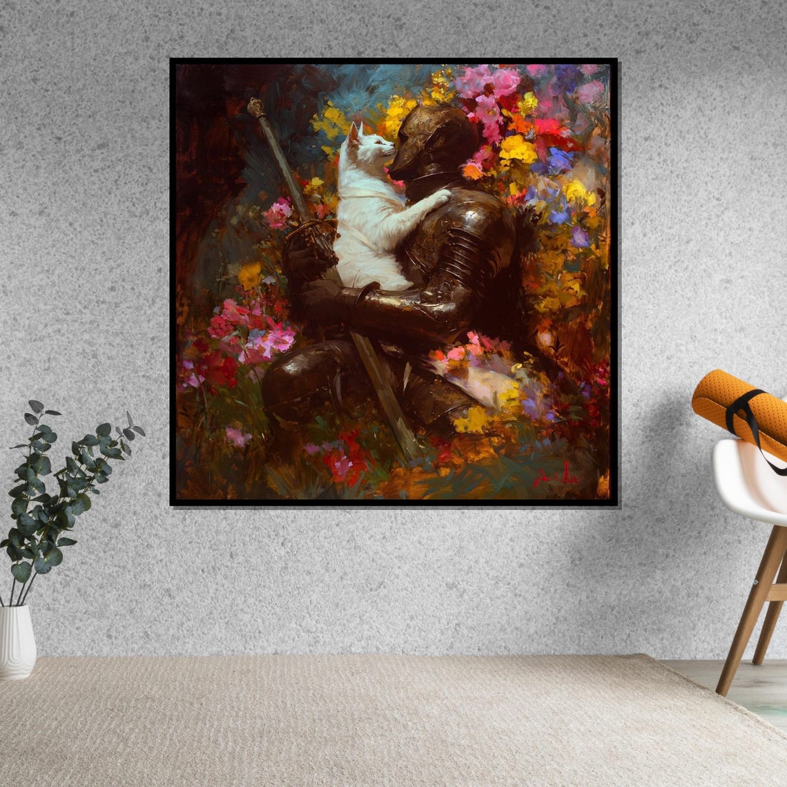 Medieval Knight Hugging White Cat In Flower Garden Fantasy Wall Art - Image 5