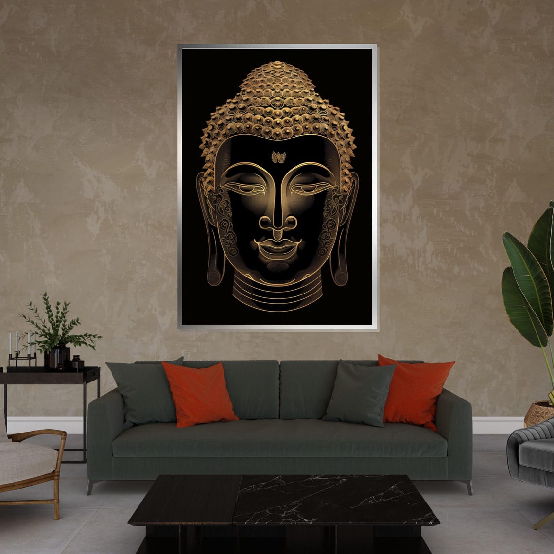 Golden Buddha Face Line Art Black Background Zen Portrait Poster - Image 4