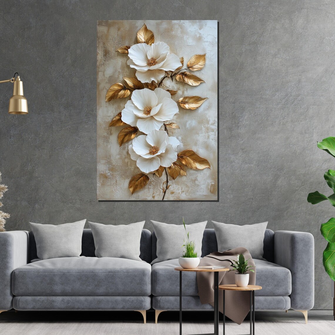 White Floral Elegance, Gold Leaf Botanical Art Print - Image 2