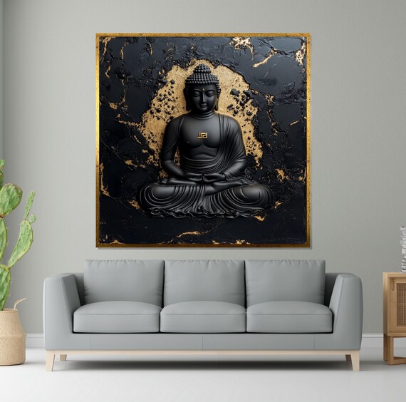 Black Buddha Statue Gold Leaf Textured Meditation Art Poster