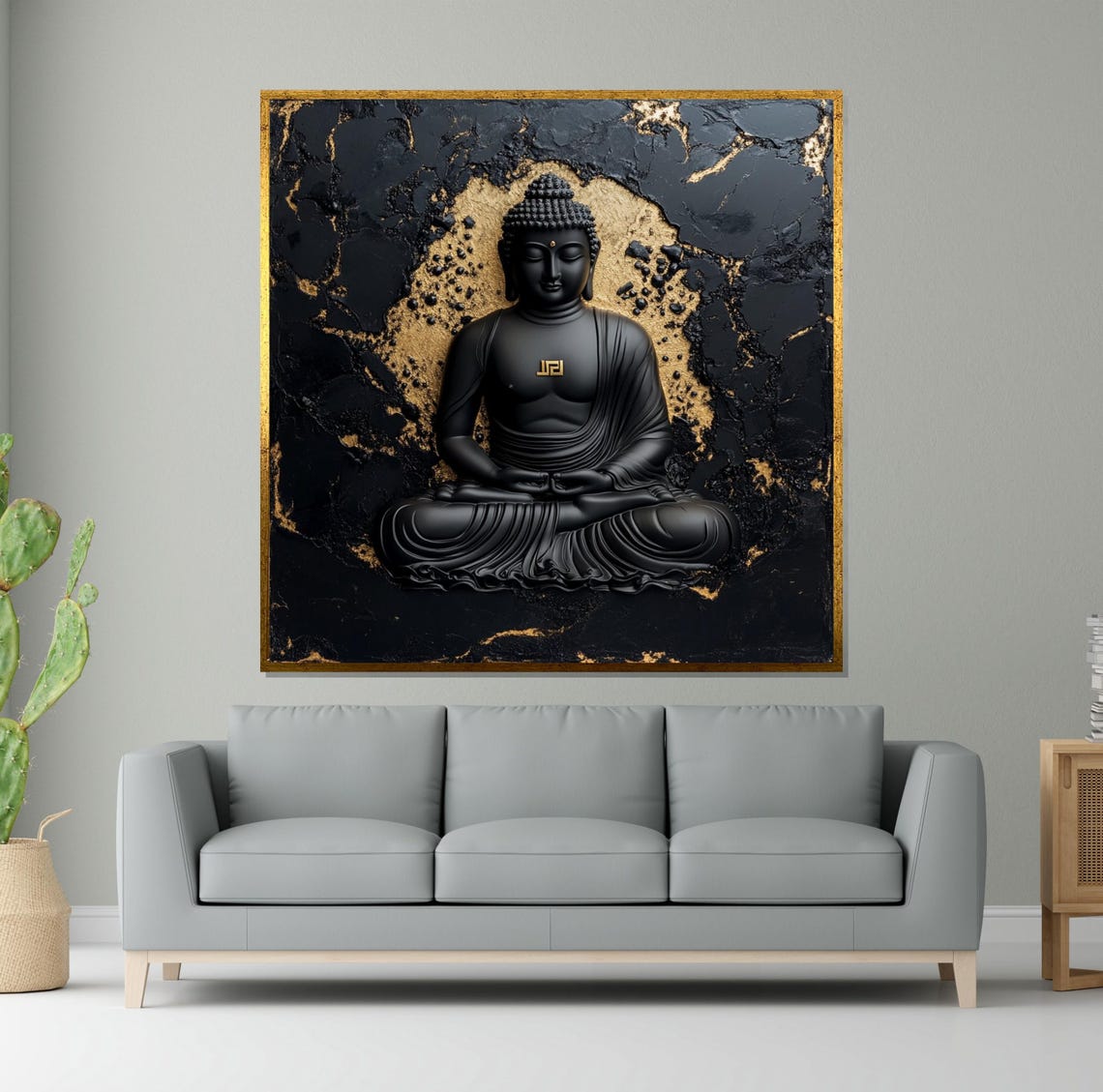 Black Buddha Statue Gold Leaf Textured Meditation Art Poster