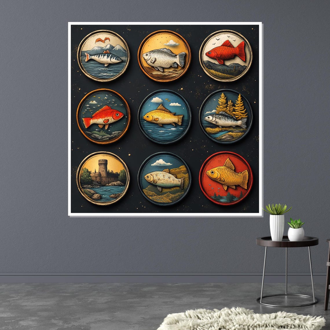Nine Fish Medallions Vintage Nautical Grid Decorative Art Poster - Image 3