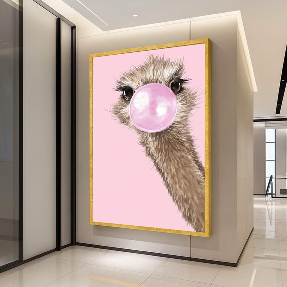Playful Ostrich Bubblegum Canvas Wall Art Whimsical Animal Portrait Pink Background Decoration Funny Wildlife Ready To Hang