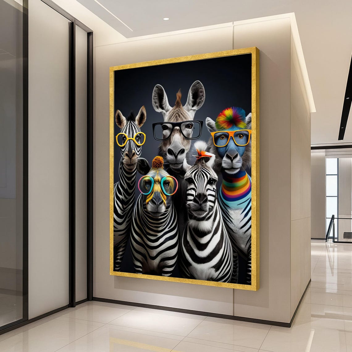 Playful Animal Portraits Canvas Zebra And Giraffe Wall Art Colorful Glasses Wildlife Illustration Fun Safari Decor Ready To Hang